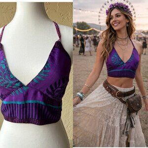 Reversible Halter Tie Crop Top Purple Pink Y2K Boho Festival Handmade Look